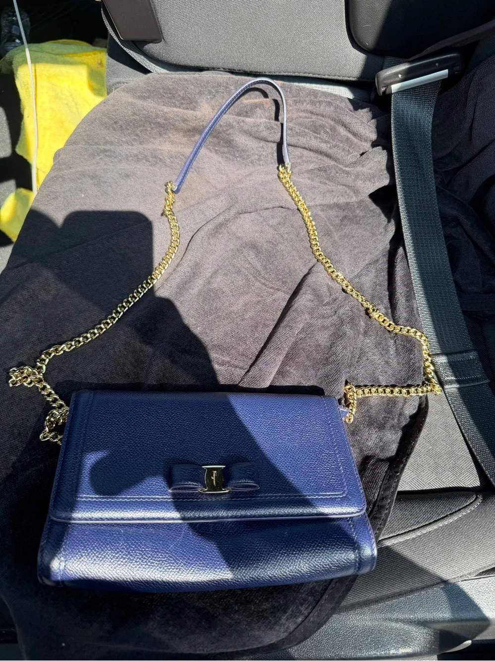 Salvatore Ferragamo Navy Leather Vara Bow Chain Crossbody Bag